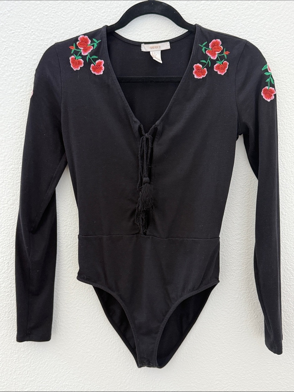 Black Floral Embroidered Long-Sleeve Kids One-Piece Bodysuit